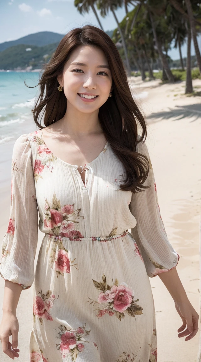8k, highest quality, masterpiece, Realistic, Super detailed,  photograph, High resolution, RAWphotograph, High resolution, Absurd, Cinematic Light, Official Art, High resolution, Depth of written boundary,
Plump body, cute顔, smile, Beautiful details in the eyes, 29-year-old,Japanese, cute, Brown messy hair,dress, Beach, (Wind:1.8), Floral print,