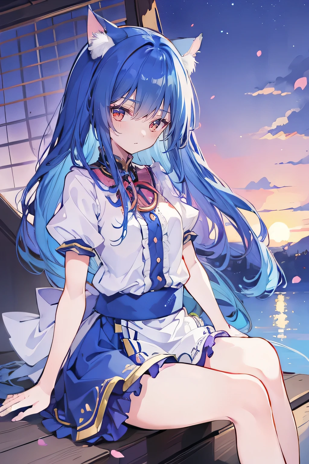 (masterpiece:1.2),Super detailed,Practical,expressive eyes,Fair skin,Perfect face shaping,1 Girl,
Japanese cartoons,Gorgeous blue hair, the long flowing blue hair,Floating clothes,Cat ears,Petals falling,beautiful lola,Young Angel,
Hands on waist,sit elegantly on the ground,Cross your legs,Gentle and peaceful background,Cool and cozy pavilion,Sunset,
