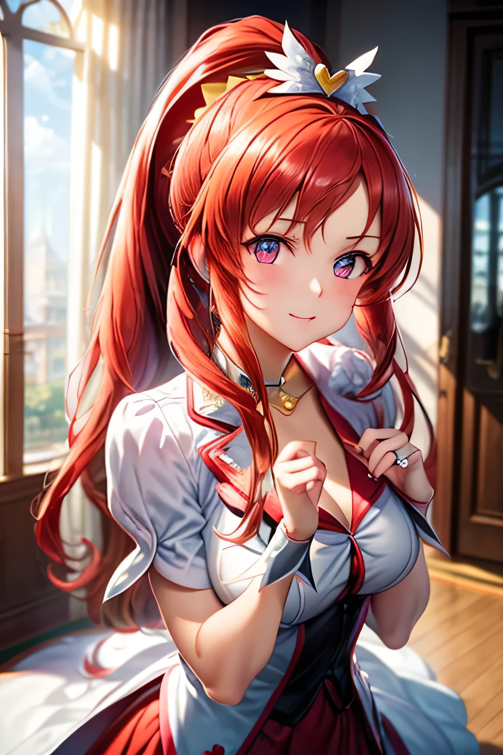 (masterpiece:1.2), best quality, high resolution, unity 8k wallpaper, (illustration:0.8), (beautiful detailed face:1.2, beautiful detailed eyes:1.2), perfect lighting, extremely detailed CG, (perfect hands, perfect anatomy), 

Cute, beautiful, charming lady, shiny hair, lustrous skin, beautiful light big eyes, 
milf, married woman, soft With a gentle appearance and a gentle mother-like atmosphere,
Feminine style, beautiful kubire, beautiful, naughty face,

ace_a, red hair, long hair, high ponytail, hair ribbon, ((red eyes)), large breasts, choker, heart brooch, dress, red skirt, white jacket, wrist cuffs, kee boots, 