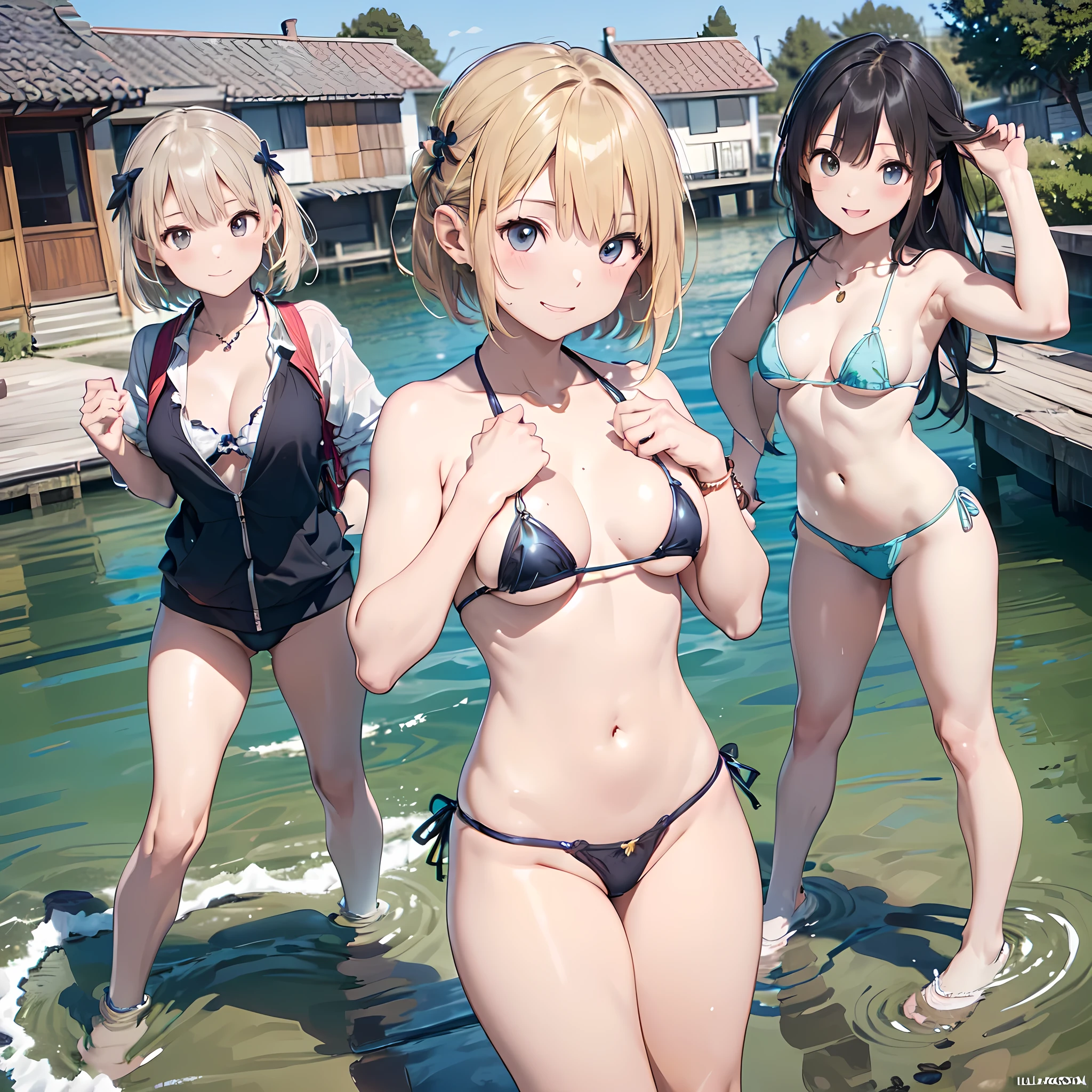 ((masterpiece, best quality, ultra quality, high quality, hyper detailed, intricate detailed, perfect anatomy, shiny skin, cowboy shot,)), (3women are posing for a camera in the water), Laughing with your mouth open,  brown hair, blond hair, navel, jewelry, looking at viewer, necklace, long hair, short hair, Abdominal muscles,pastel colour, Thong