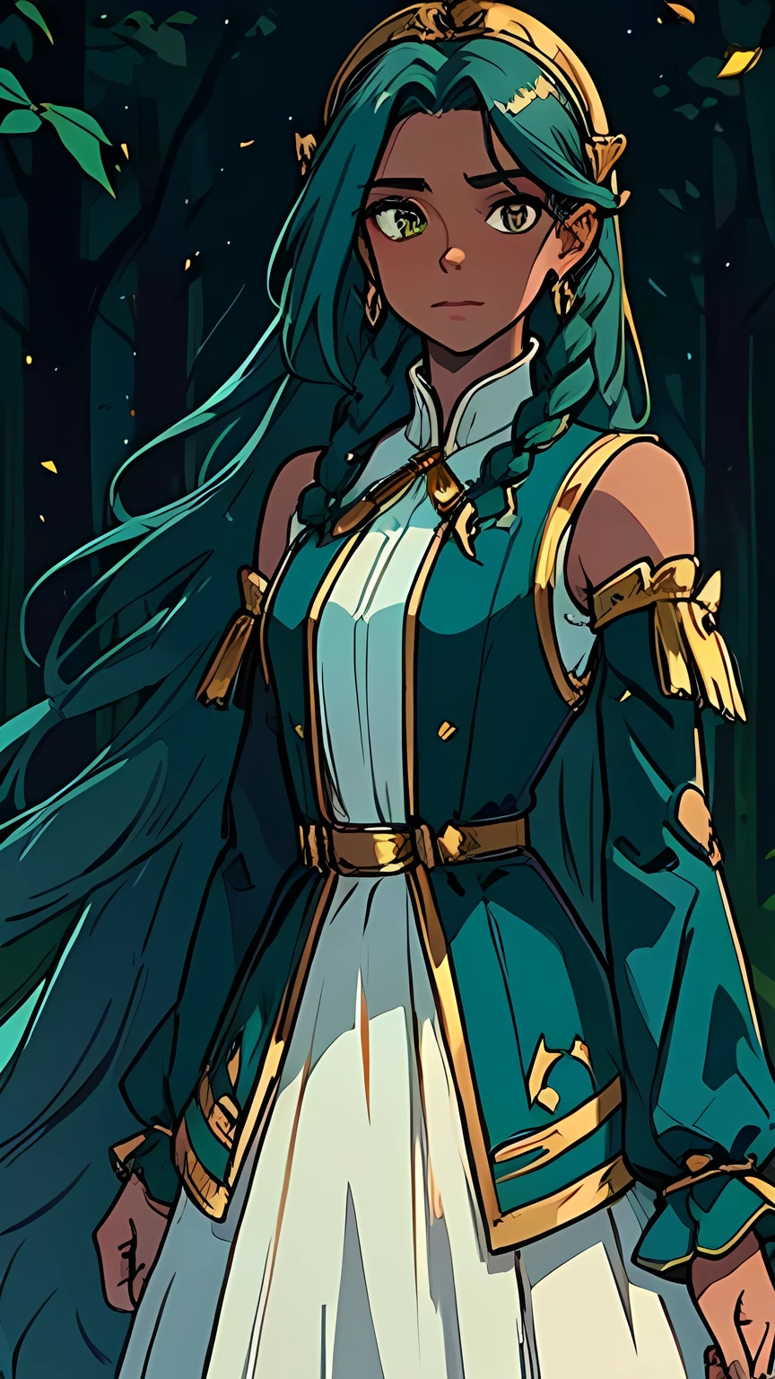 (high-quality, breathtaking),(expressive eyes, perfect face) 1girl, female, solo , (dark skin), ((gold colored eyes, detailed pupils)), long length hair, ((dark teal green hair color)), loose hair, twin braids hanging in front of chest , wavy hair, smirking, white dress, teal corset armor , teal trim, magical girl clothing, mahou shojo, (long sleeves, detached sleeves), leaf pattern on dress, winged headband, night, forest background, magic, small breasts
