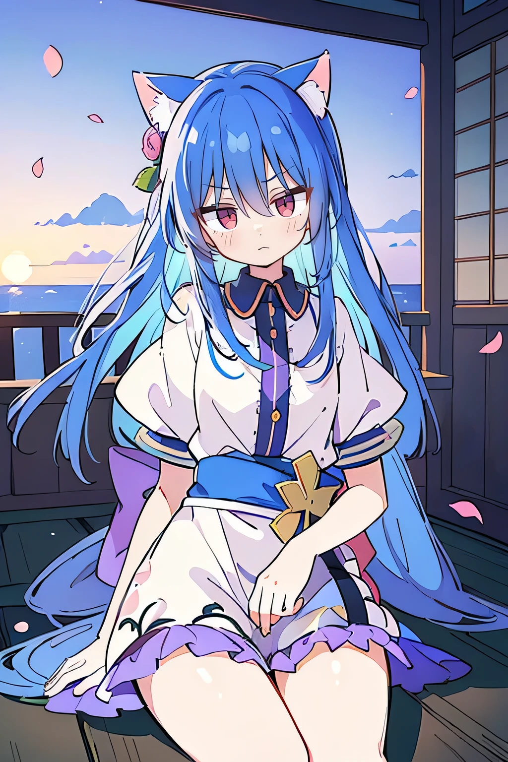 (masterpiece:1.2),Super detailed,Practical,expressive eyes,Fair skin,Perfect face shaping,1 Girl,
Japanese cartoons,Gorgeous blue hair, the long flowing blue hair,Floating clothes,Cat ears,Petals falling,beautiful lola,Young Angel,
Hands on waist,sit elegantly on the ground,Cross your legs,Gentle and peaceful background,Cool and cozy pavilion,Sunset,