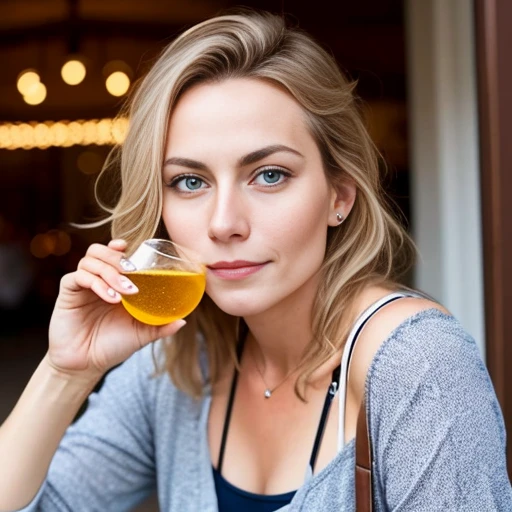 a very drunk German woman focus on his face