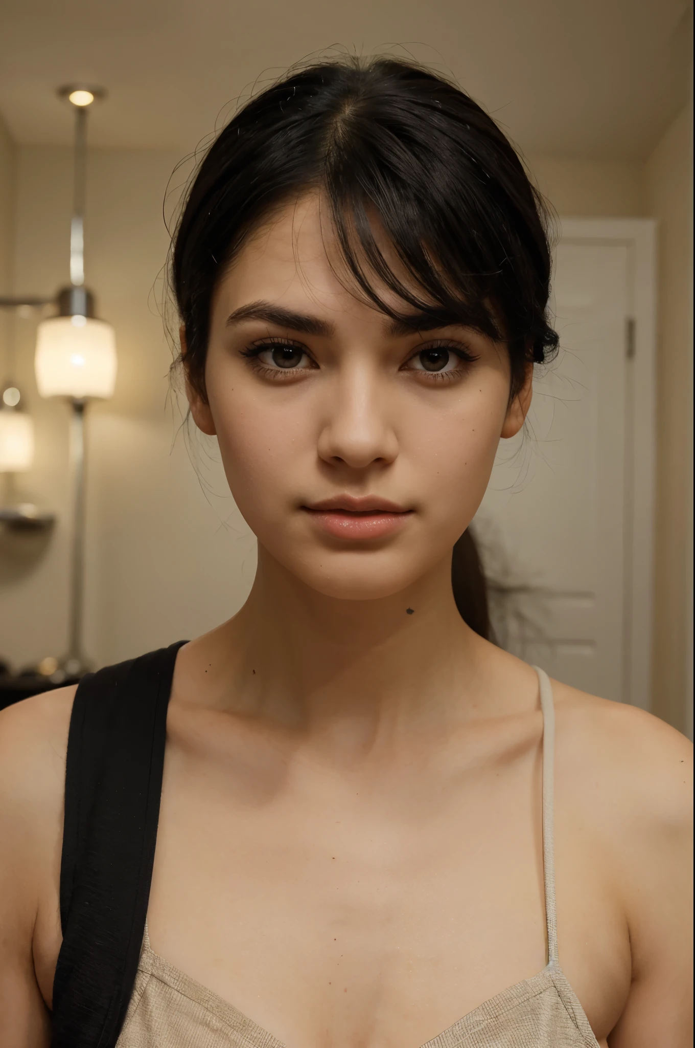 medium tall girl with short, straight black hair, oval face, medium brown eyes, semi thick lips, medium nose and long eyelashes, normal eyebrows 