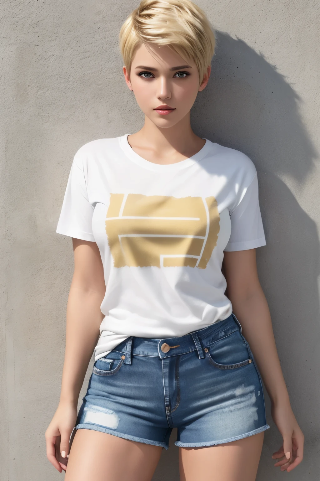 UHD, masterpiece, perfect eyes, textured skin, high details, best quality, (wearing a casual t-shirt and jeans shorts)), (1GIrl, spiky short blonde hair), brown eyes, sexy, beautiful,