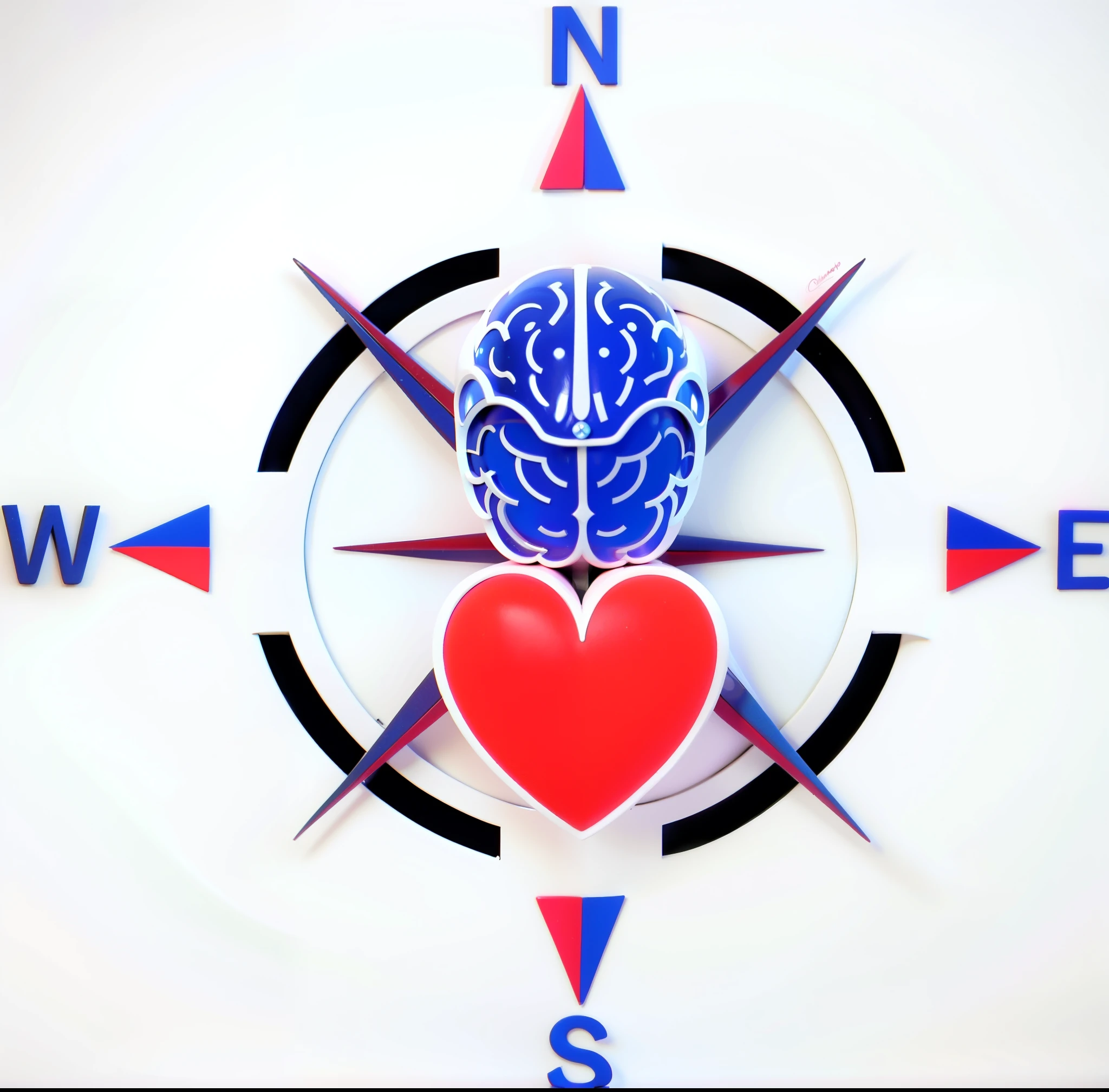 A logo for a company specializing in human resources where the elements are made up of a compass, in the center of this compass there is a drawing of a brain at the top next to the letter N which represents north and below, within the circle, a heart oriented towards the south of the compass the colors used are blue, red and black. a close up of a compass with heart and brain, mechanical heart in center, connected to heart machines, conscience projection, head is Centrado, Centrado in picture, Compass energy flowing, well Centrado, inside the irradiated connection, Neuroscience, complex emotion, video still, easy to understand, mente, Centrado, imagem de perfil, conscience. Logo of a company specializing in human resources where the elements are made up of a compass, in the center of this compass there is a drawing of a blue brain at the top next to the letter N which represents north and below, Inside the circle, a heart oriented towards the south of the compass the colors used are blue, vermelho e preto.