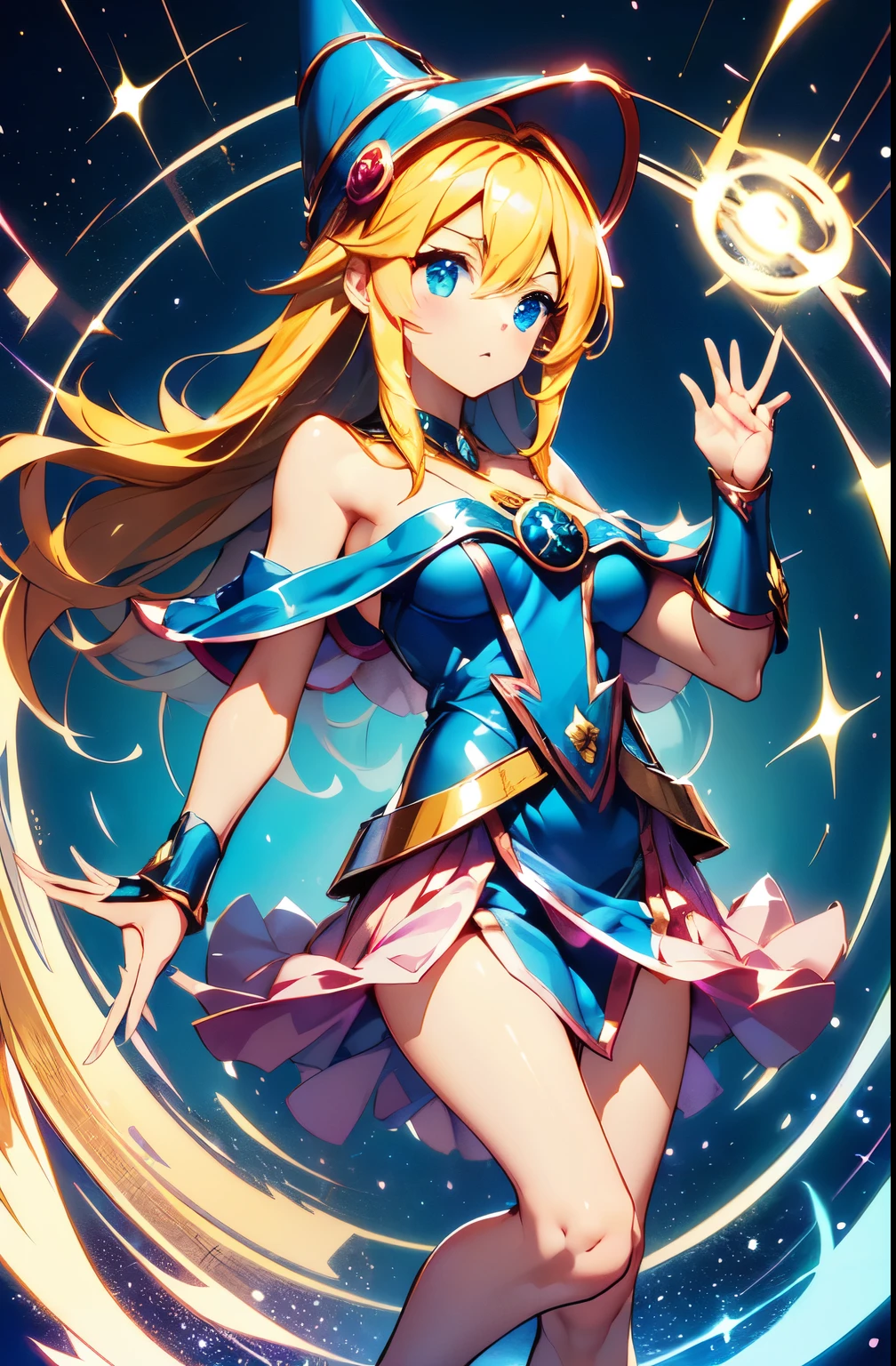 ark magician girl, magician girl, magic girl, dark magic girl, girl, magic, mistic, anime, yugioh, girl yugioh, yugioh girl, chica maga oscura, maga oscura, maga, (see*through-tshirt-nobra:1.1)-(underhnipples:1), best quality, masterpiece, 1gir, long hair, blue eyes, brazaletes azules, traje azul con detalles rosas