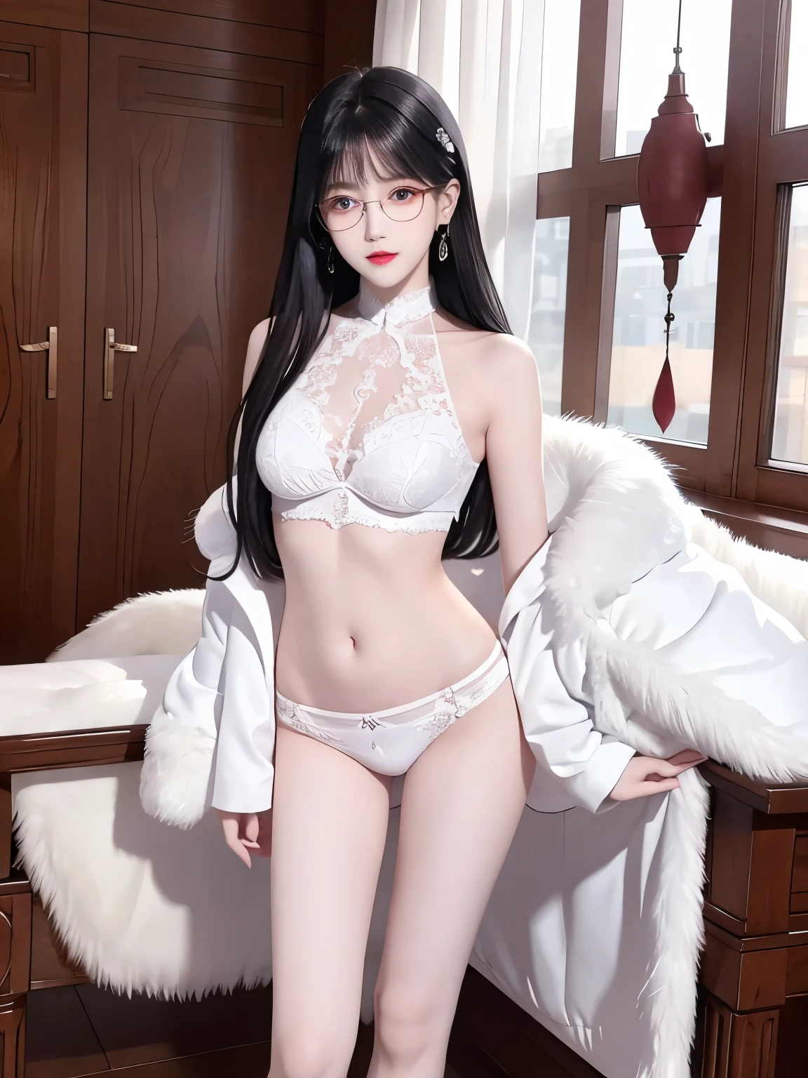 Top image quality、Raw photography、A high resolution、20-year-old cool Korean、big round chest、red lace underwear、Beautiful Eyes of Details、very elongated eyes、Beautiful eyelashes、Beautiful double eyelids、eyeshadows、 long legs, medium thighs, wearing Glasses、beautiful eyes finely detailed、elongated eyes、long eyeslashes、Beautiful double eyelids、eyeshadows、earrings、shiny white skin、 full body shoot, chuppy girl,