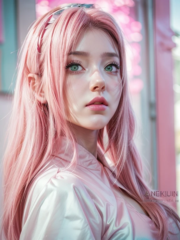 young woman, bubblegum pink hair tied in a bun, wide forehead, porcelain skin, pink eyebrows, emerald green eyes, upturned nose, thick pink lips, heart-shaped face, dark red clothes, Sakura Haruno, realism, well detailed, 3d