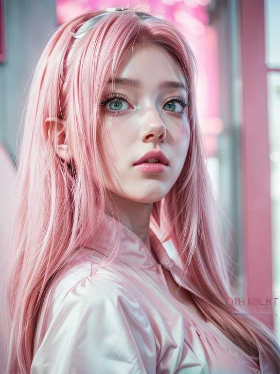 young woman, bubblegum pink hair tied in a bun, wide forehead, porcelain skin, pink eyebrows, emerald green eyes, upturned nose, thick pink lips, heart-shaped face, dark red clothes, Sakura Haruno, realism, well detailed, 3d