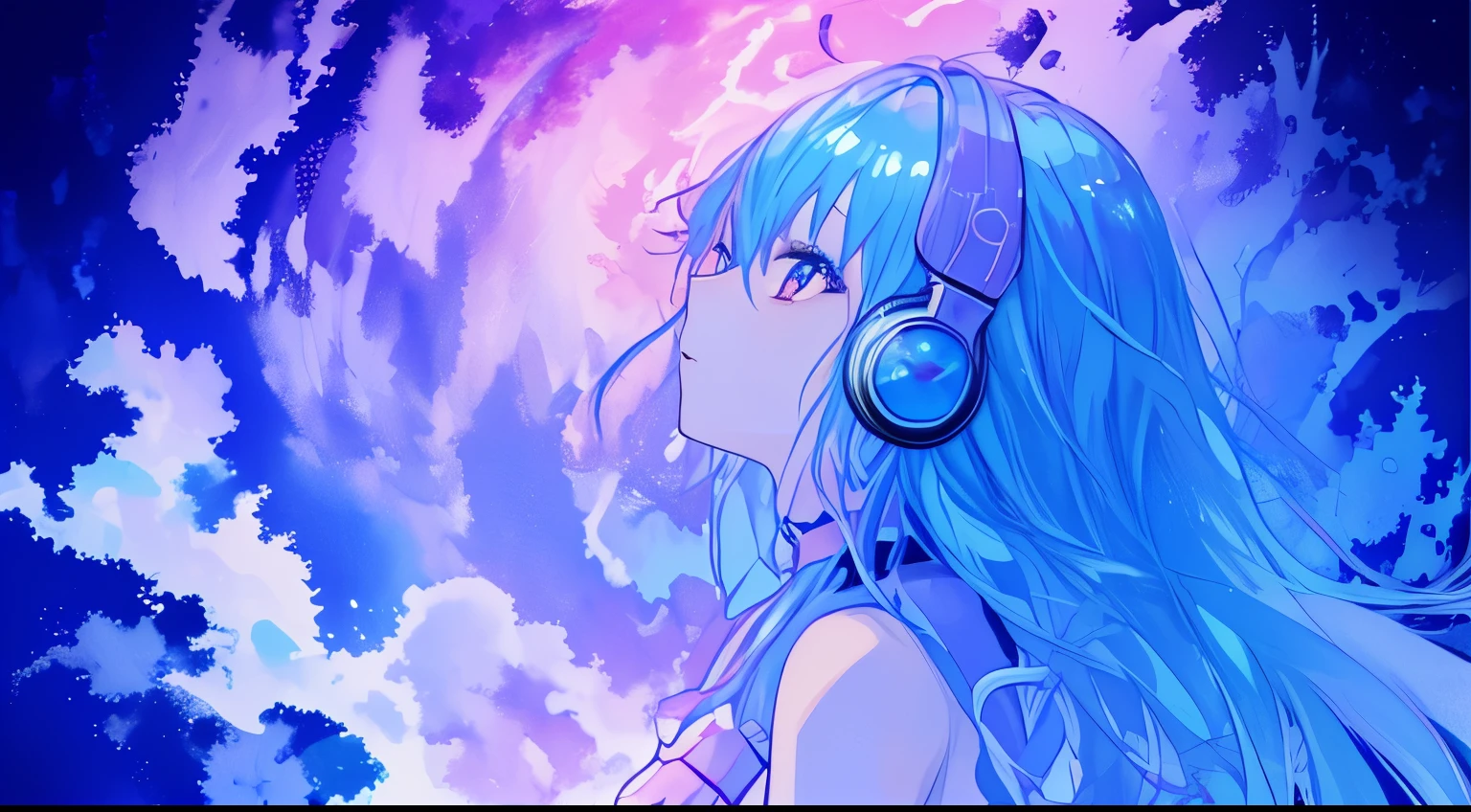 (masterpiece、top-quality、top-quality、watercolor paiting(afro)、Official Art、Beautifully Aesthetic:1.2)、(1girl in:1.3)、(Fractal art:1.3)、The upper part of the body、from side、looking at the viewers、patterns、(blue-colored hair、colourful hair、Half blue and half pink hair:1.2)、Eau、colourfull、cyber punk、Radio Station of the Future、announcer、headphone、
