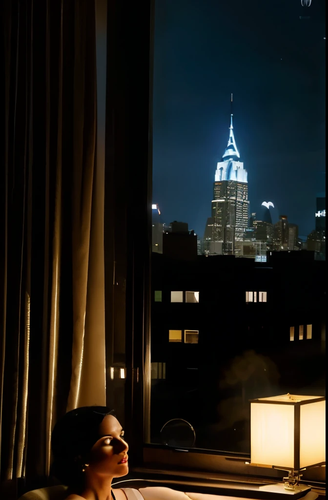 a woman, 32 years old, classy, elegant, sophisticated, symmetrical face, short black hair, in her art-deco style apartment, picture windows, New York City, Chrysler Building and Empire State Building in the distance, night lighting, 1930 vintage