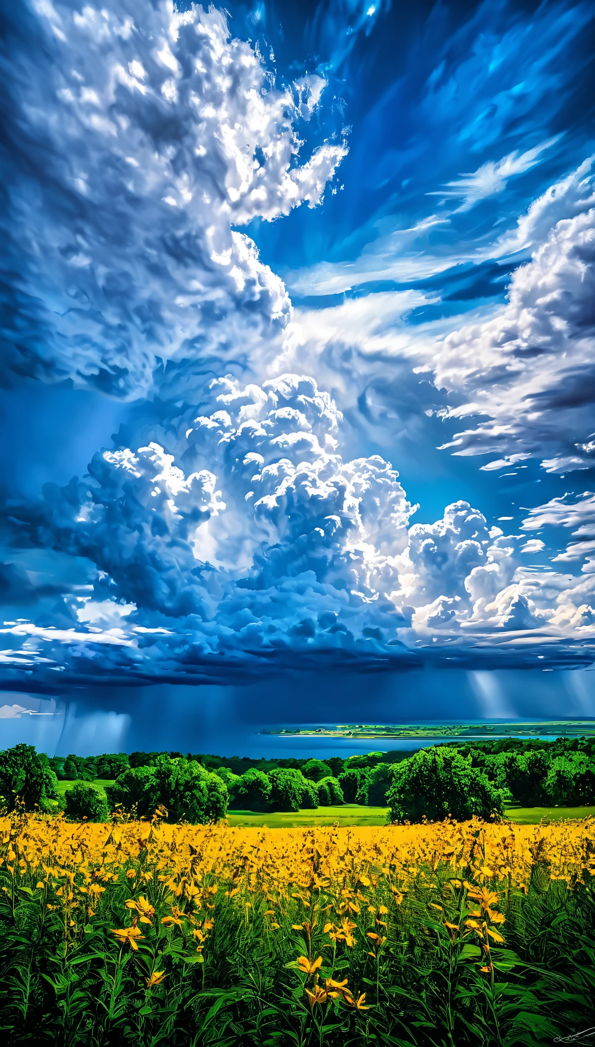 Summer sky (Painterly style), Realistic, highly Realistic, Attention to detail, breathtakingly Realistic, High contrast realism, High Saturation Realism, Vibrant colors, Dramatic lighting, Fascinating landscape, Persuasive storytelling, Atmospheric scene, Captivating visuals, Intricate details, Strong emotions, Heavenly Beauty, A dreamlike world
