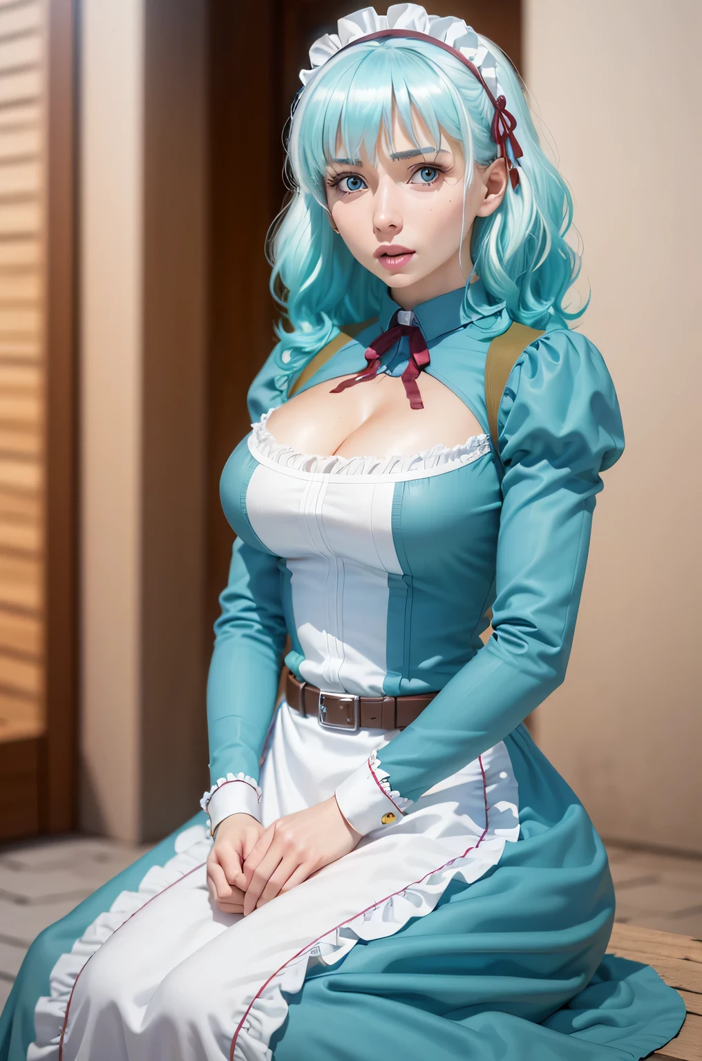 photorealistic, (4k), (upper body), depth of field, (Masterpiece), (realistic skin texture), highly detailed, intricate, highly detailed, (upper body), professional photography, cover-up, bokeh, high resolution, sharp details, best quality, girl, aqua hair, medium hair, blue eyes, white shirt, maid headdress, frills, apron, in the garden, sitting,
