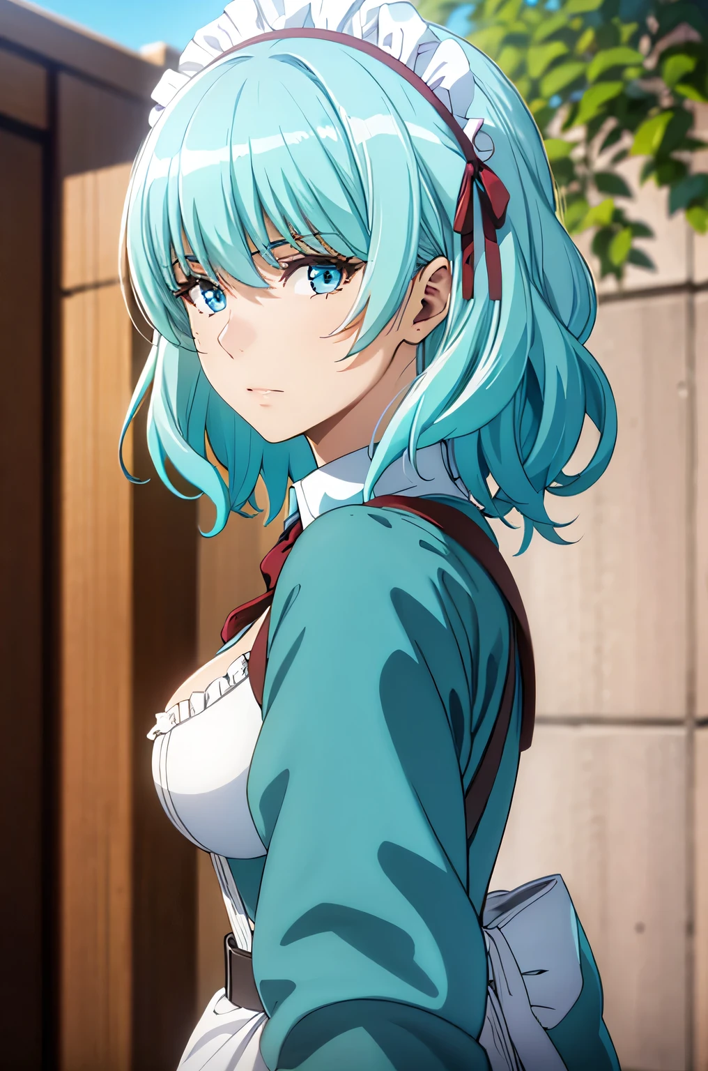 photorealistic, (4k), (upper body), depth of field, (Masterpiece), (realistic skin texture), highly detailed, intricate, highly detailed, (upper body), professional photography, cover-up, bokeh, high resolution, sharp details, best quality, girl, aqua hair, medium hair, blue eyes, white shirt, maid headdress, frills, apron, in the garden, sitting,
