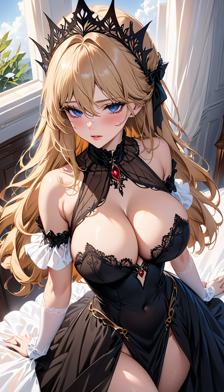 masterpiece,best-quality,best nsfw,top-quality,Super Detail,Very Delicate and Beautiful, ((( beautiful, slut, whore, lascivious, lewd, pervert ))), black princess dress, blonde hair, very gigantic breasts, cleavage, slender, beautiful eyes, perfect face