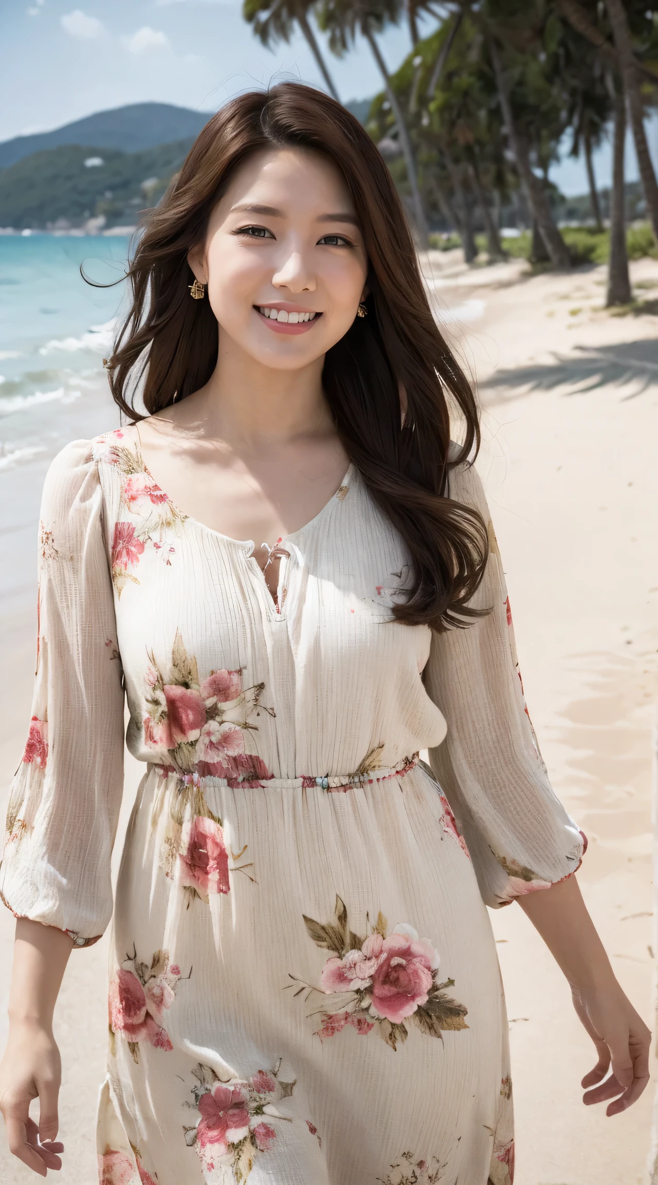 8k, highest quality, masterpiece, Realistic, Super detailed, photograph, High resolution, RAWphotograph, High resolution, Absurd, Cinematic Light, Official Art, High resolution, Depth of written boundary,
Plump body, cute face, smile, Beautiful details in the eyes, 29-year-old,Japanese, cute, Brown messy hair,dress, Beach, (Wind:1.8), Floral print,