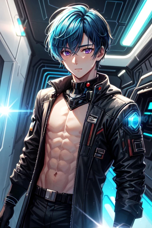1boy, solo, male focus, transgender male, flat chest, blue hair, blonde hair, purple eyes, two tone hair, depth of field, standing in a spaceship, (fantasy), (lens flare, light leak, prismastic), shiny skin, cg, (sidelighting), (cyberpunk), dynamic angle, (close up)