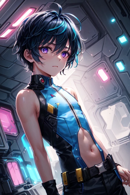 1boy, solo, male focus, transgender male, flat chest, blue hair, blonde hair, purple eyes, two tone hair, depth of field, standing in a spaceship, (fantasy), (lens flare, light leak, prismastic), shiny skin, cg, (sidelighting), (cyberpunk), dynamic angle, (close up)