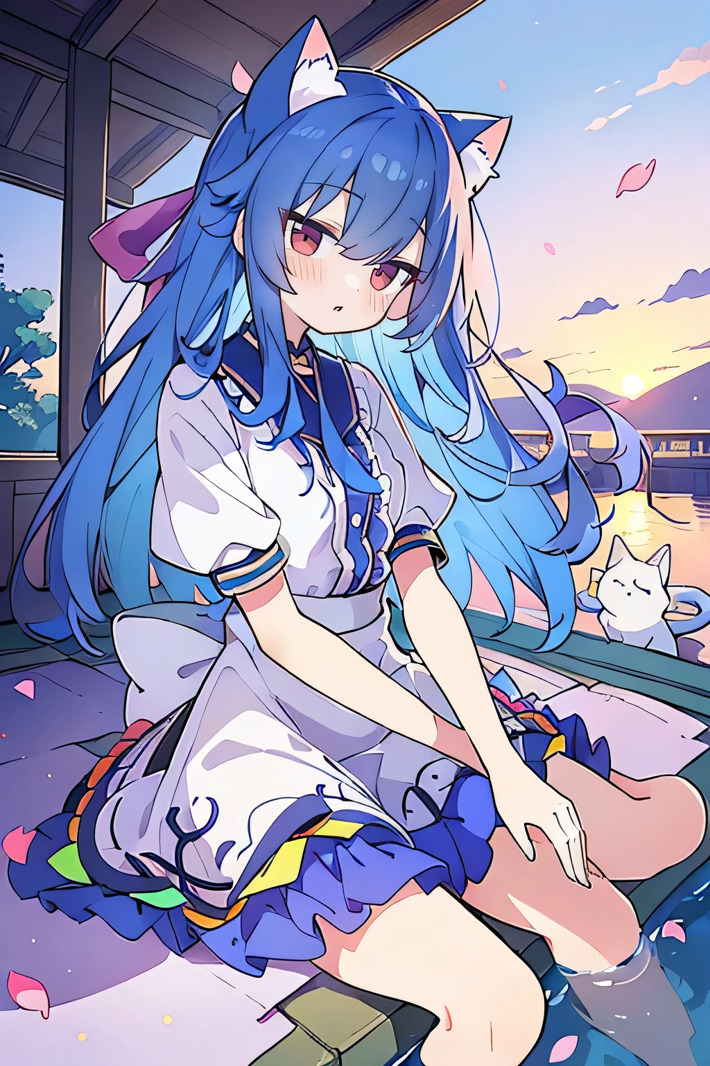 (masterpiece:1.2),Super detailed,Practical,expressive eyes,Fair skin,Perfect face shaping,1 Girl,
Japanese cartoons,Gorgeous blue hair, the long flowing blue hair,Floating clothes,Cat ears,Petals falling,beautiful lola,Young Angel,
Hands on waist,sit elegantly on the ground,Cross your legs,Gentle and peaceful background,Cool and cozy pavilion,Sunset,