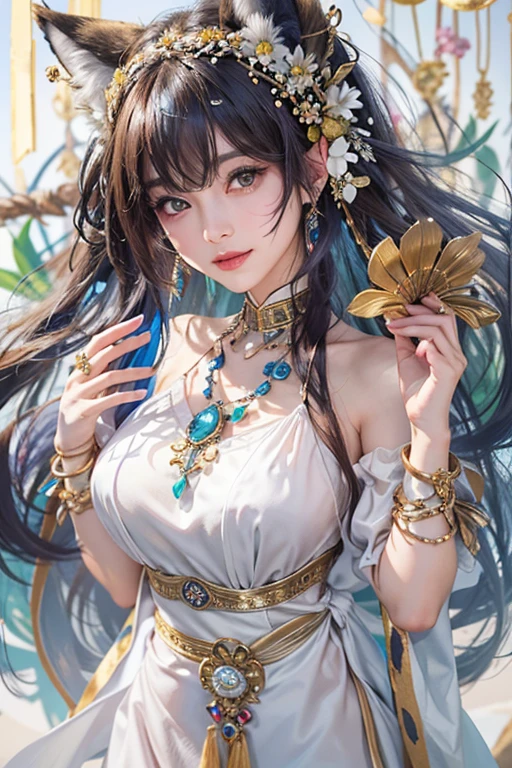 a close up of a woman in a costume holding a spear, queen of the sea, 1girl, detailed eyes, detailed lips, long eyelashes, beautiful face, ethereal, elegant, majestic, regal, dramatic lighting, underwater scene, shimmering sea, coral reef, schools of fish, kelp forest, photorealistic, highly detailed, cinematic, epic, fantasy, masterpiece