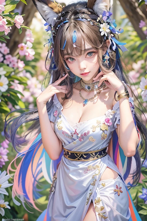ultra detailed, ultra 8k,32k, beautiful and aesthetic,beautiful,masterpiece,best quality,1girl,animal ears,solo,breasts,jewelry,long hair,hair ornament,earrings,black hair,detached sleeves,looking at viewer,petals,sash,smile,brown eyes,multicolored hair,flower,hair flower,blue hair,cleavage,white dress,dress,bare shoulders,closed mouth,two-tone hair,necklace,hand up,fox ears,bangs,medium breasts,aged up,mature female,nice hands,perfect hands,(barefoot:0.5),pelvic curtain,