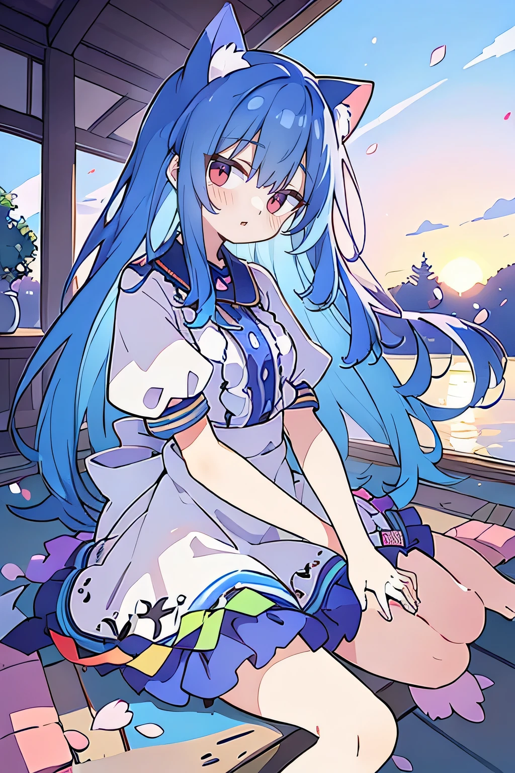 (masterpiece:1.2),Super detailed,Practical,expressive eyes,Fair skin,Perfect face shaping,1 Girl,
Japanese cartoons,Gorgeous blue hair, the long flowing blue hair,Floating clothes,Cat ears,Petals falling,beautiful lola,Young Angel,
Hands on waist,sit elegantly on the ground,Cross your legs,Gentle and peaceful background,Cool and cozy pavilion,Sunset,