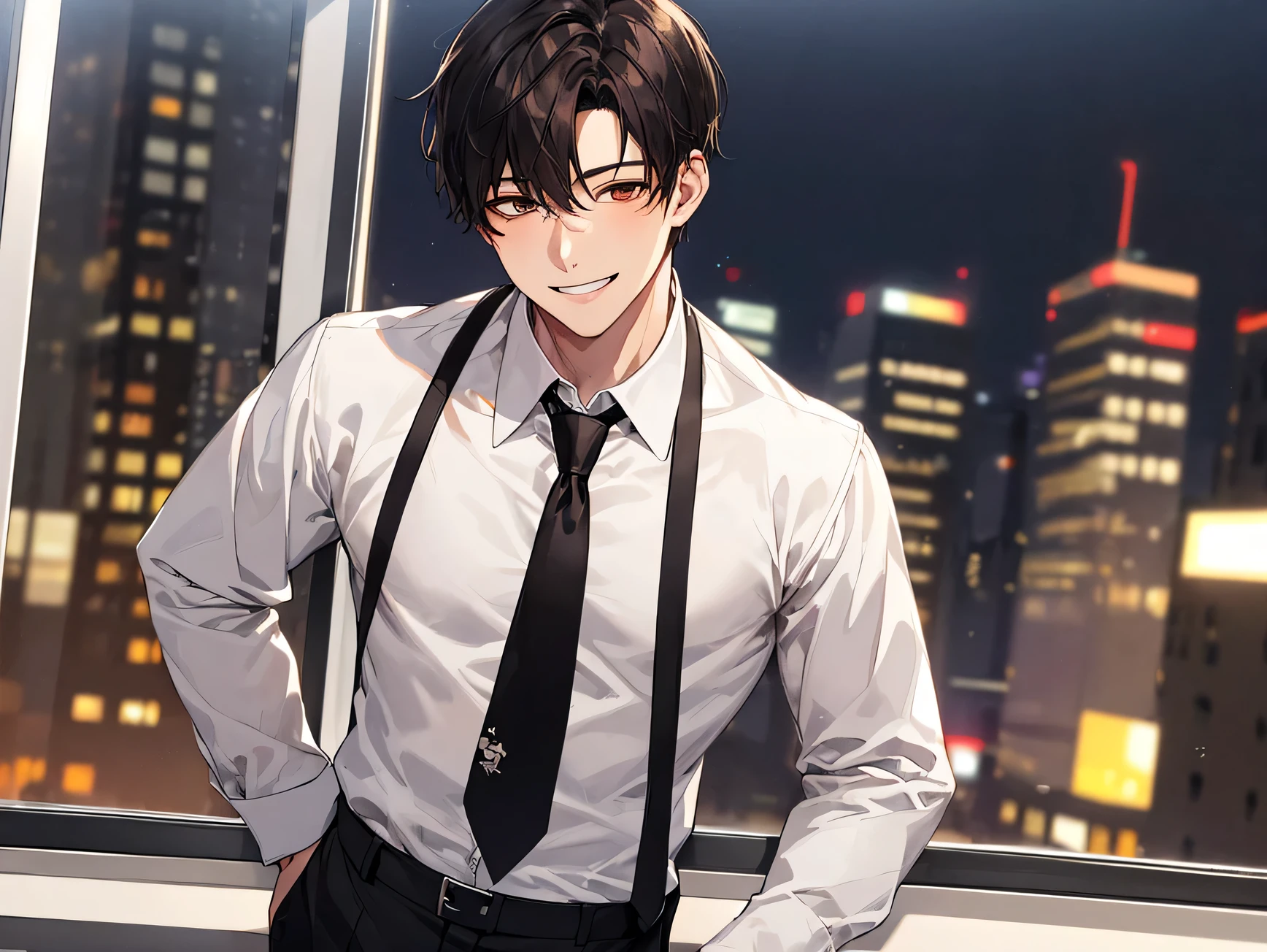 Boy, Face close-up, Adult, Smiling White Shirt, Brown eyes, black, tie, pants, highest quality, employment, Detailed face, office, Building seen from the window, Detailed Background, night,Deep night is written in the depth of the world, Bokeh