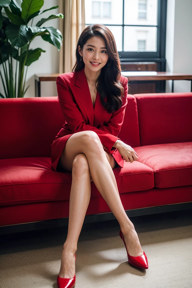 Best Quality, Mastepiece, Photorealistic, It is high resolution., 8k　Raw photo,Solo, 1girl, 30 years old、Sitting on the sofa with legs crossed、smile、Staring at me、business suit、Red High Heels