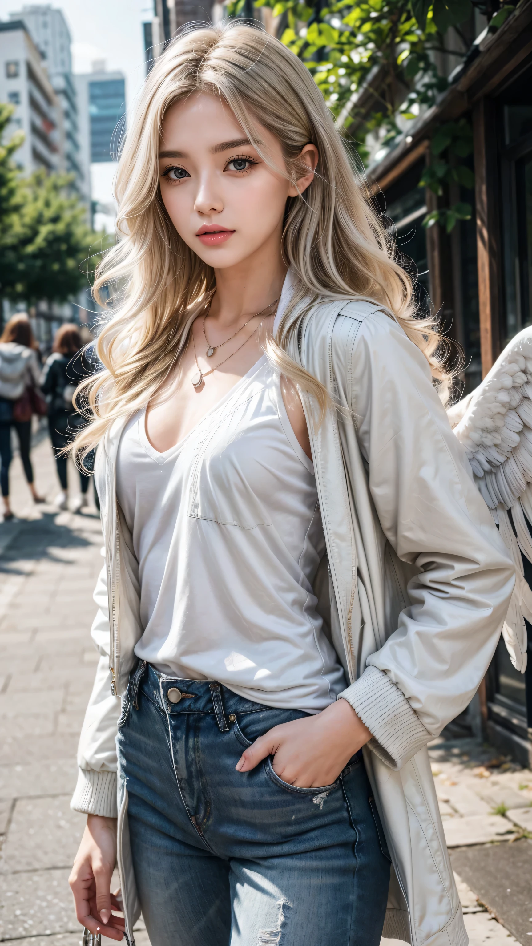1 Girl, Medium breasts, Blonde hair, Long hair, curls, Gray eyes, White feather wings, Angel, outdoor, White jacket, Necklace, Vest, jeans