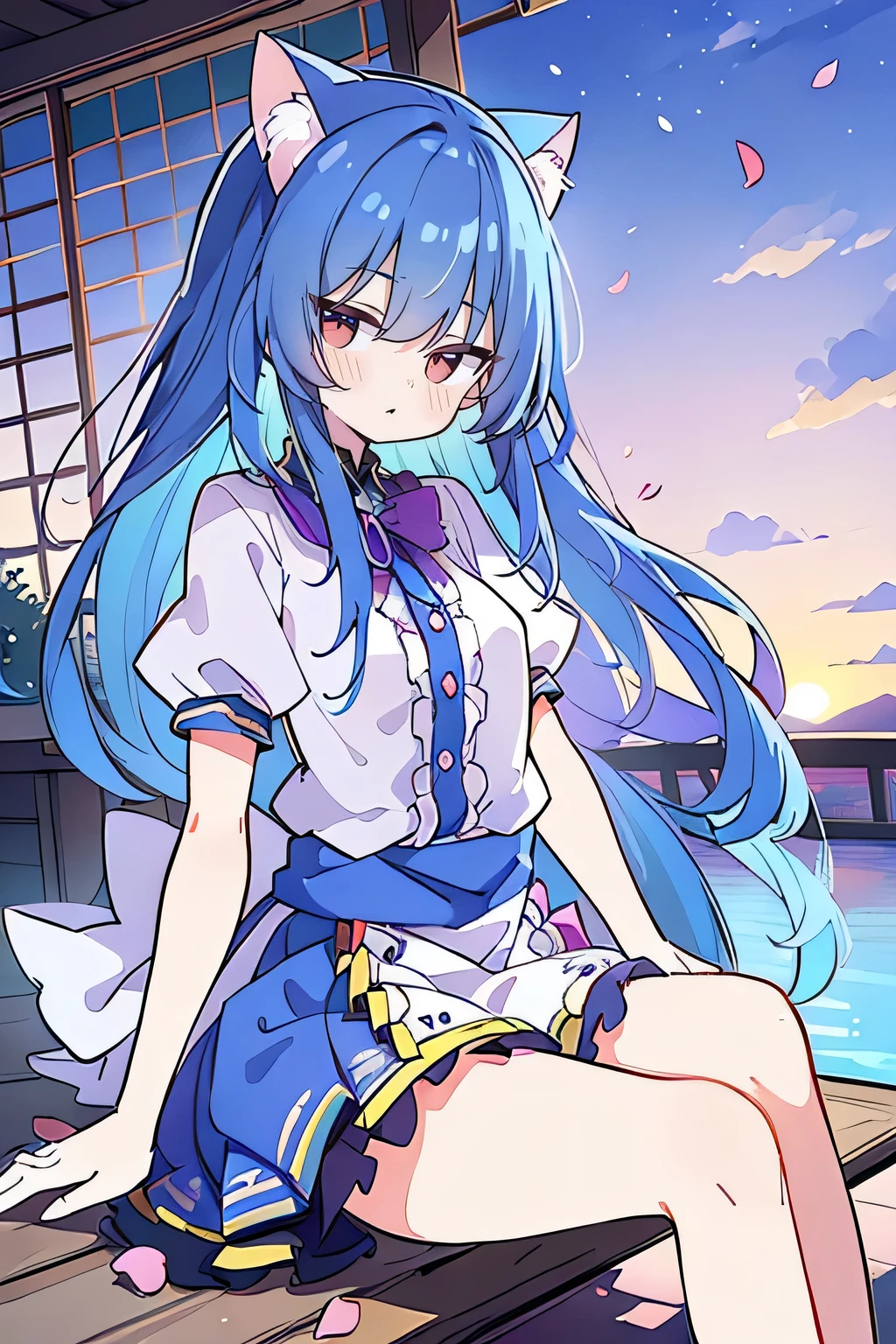 (masterpiece:1.2),Super detailed,Practical,expressive eyes,Fair skin,Perfect face shaping,1 Girl,
Japanese cartoons,Gorgeous blue hair, the long flowing blue hair,Floating clothes,Cat ears,Petals falling,beautiful lola,Young Angel,
Hands on waist,sit elegantly on the ground,Cross your legs,Gentle and peaceful background,Cool and cozy pavilion,Sunset,