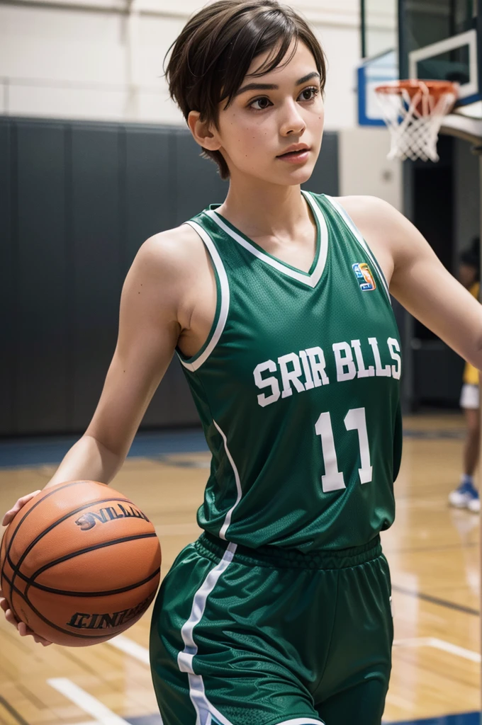 beautiful detail, best quality, 8k, highly detailed face and skin texture, high resolution, big tits cute short hair girl in green basketball jersey at basketball court, full body, sharp focus