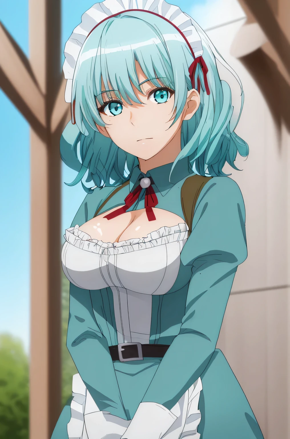 photorealistic, (4k), (upper body), depth of field, (Masterpiece), (realistic skin texture), highly detailed, intricate, highly detailed, (upper body), professional photography, cover-up, bokeh, high resolution, sharp details, best quality, girl, aqua hair, medium hair, blue eyes, white shirt, maid headdress, frills, apron, in the garden, sitting,