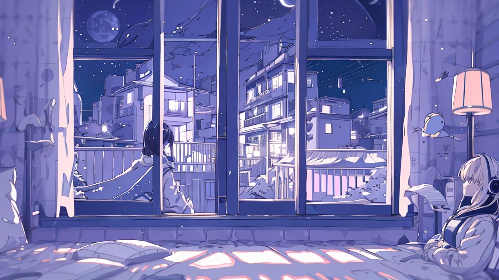 Detailed anime girls, clad in large sweaters, don headband headphones, basking in the praises of admirers. The quiet ambiance, enveloped in a tranquil atmosphere, contrasts the sudden exclamation of "That's horrible!" as she gazes out of her bedroom window into the stillness of the night. A feline companion perched beside her completes this masterpiece of the highest quality.