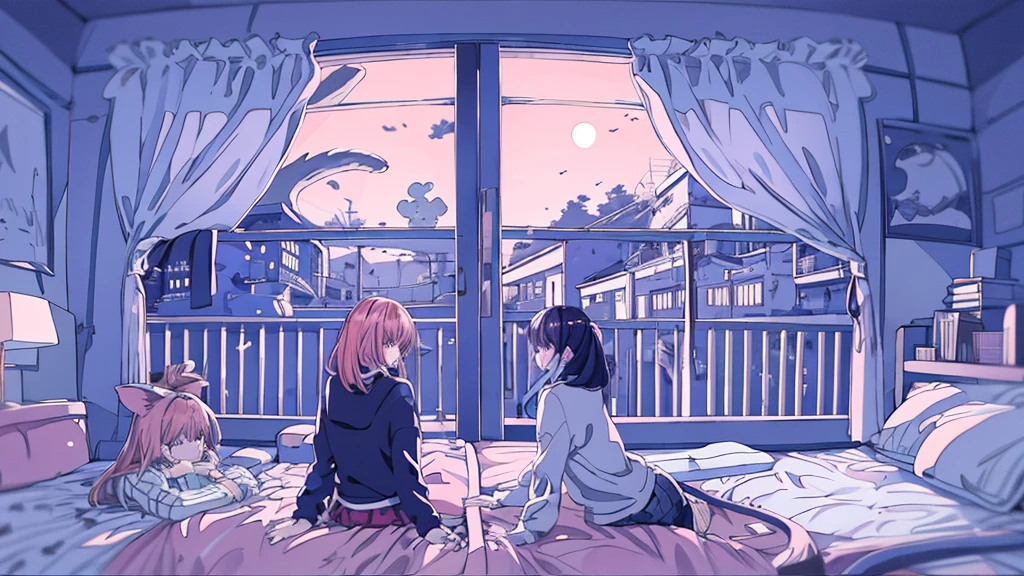 Detailed anime girls, clad in large sweaters, don headband headphones, basking in the praises of admirers. The quiet ambiance, enveloped in a tranquil atmosphere, contrasts the sudden exclamation of "That's horrible!" as she gazes out of her bedroom window into the stillness of the night. A feline companion perched beside her completes this masterpiece of the highest quality.