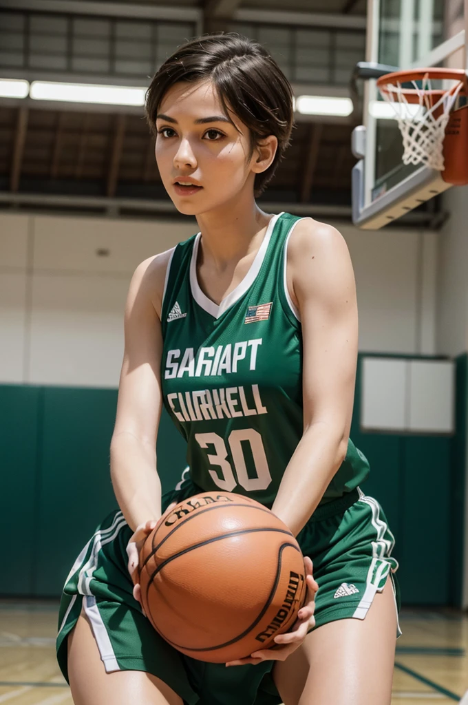 beautiful detail, best quality, 8k, highly detailed face and skin texture, high resolution, big tits cute short hair girl in green basketball jersey at basketball court, full body, sharp focus