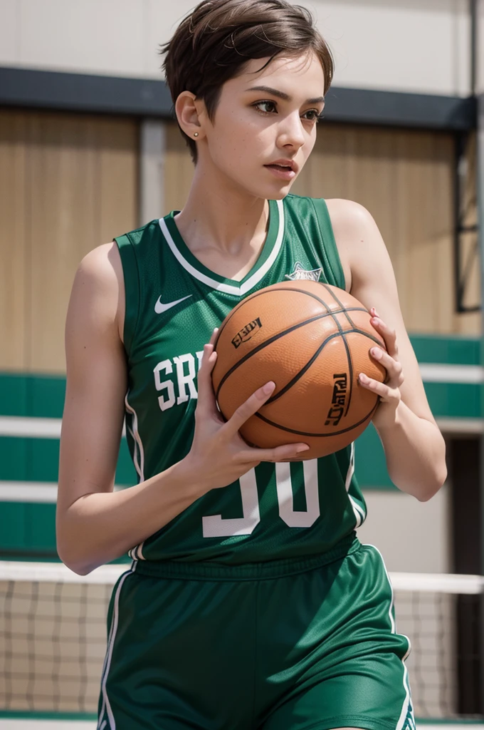 beautiful detail, best quality, 8k, highly detailed face and skin texture, high resolution, big tits cute short hair girl in green basketball jersey at basketball court, full body, sharp focus
