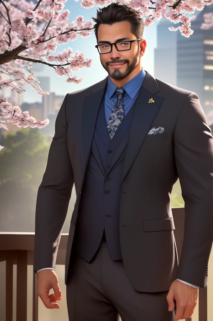 An award-winning original photo, (40 years old daddy:1.1), 1boy, Solo, man, tall, athletic, slim, muscular, dark hair, short beard, piercing blue eyes, casual suit, (big shoulders), musculature, stubbles, Short beard, Beautiful eyes:1.3, (sakura city background), wearing glasses, smiles, Dynamic Angle, volumetric lighting, (Best quality, A high resolution, Photorealistic), Cinematic lighting, Masterpiece, RAW photo, Intricate details, hdr, depth of field, upper body shot, George Pei,