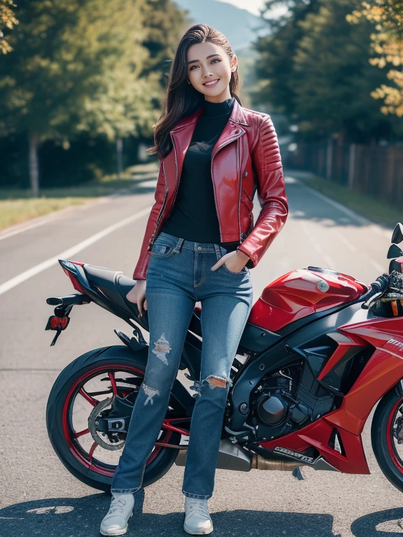 ((highest quality, 8k, masterpiece: 1.3)), sharp: 1.2, Perfect body beauty: 1.4,(((Woman on motorcycle))),Slender body,((Red long sleeve motorcycle jacket and jeans)),Highly detailed face and skin texture,((Full Body Shot)),Natural light,smile