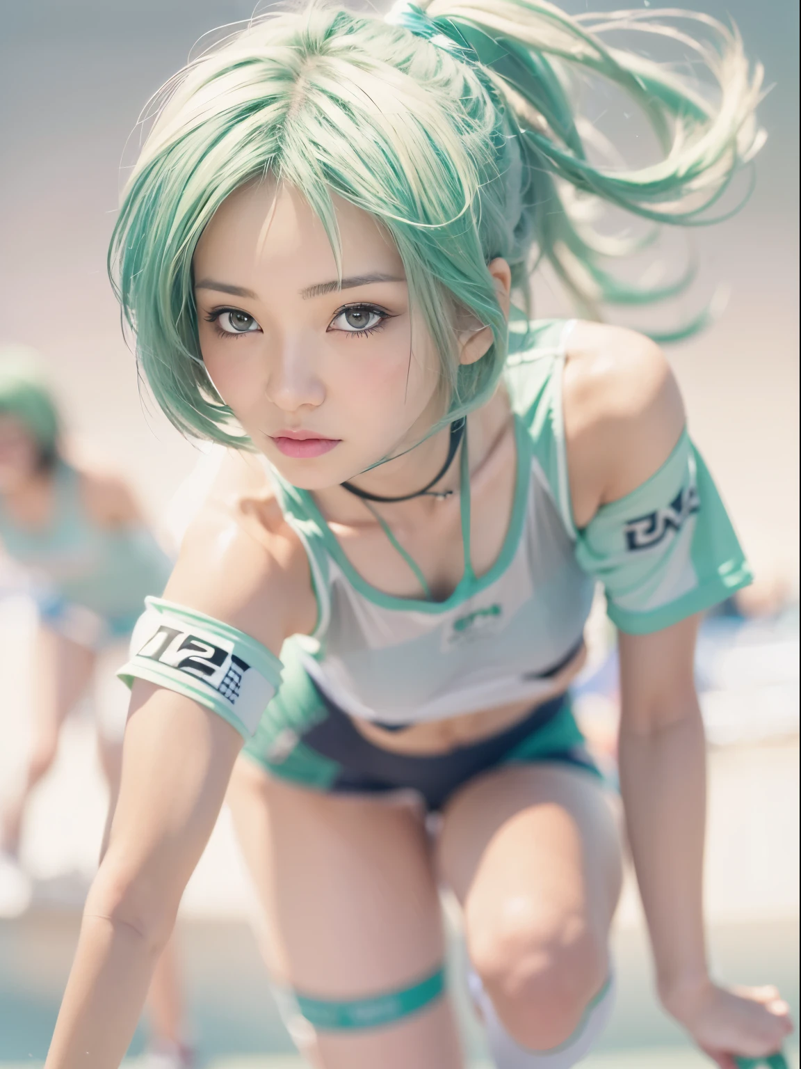 Japanese women、 Beautiful Face、(Realistic:1.37), Intricate details、(Ultra-Realistic Rendering:1.37), Light green hair, Bobcut、Moonlight Eyes, Soft lighting, Track and field wear、Long Jump、Full body photography