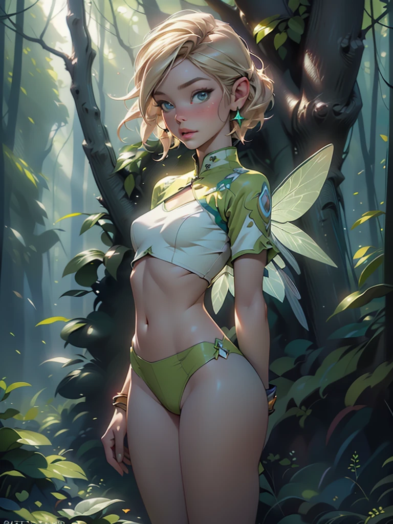 (best quality,4k,8k,highres,masterpiece:1.2), ultra-detailed, (realistic,photorealistic,photo-realistic:1.37), fairy with (flat chested, flat stomach, baby face, blonde hair), wearing sexy open breast fairy clothes, (no bra,no underwear), (beautiful detailed eyes, beautiful detailed lips, extremely detailed eyes and face, long eyelashes), 15-year-old, (green wings behind the back, sparkle, magical) in a (green forest), flying, full body look