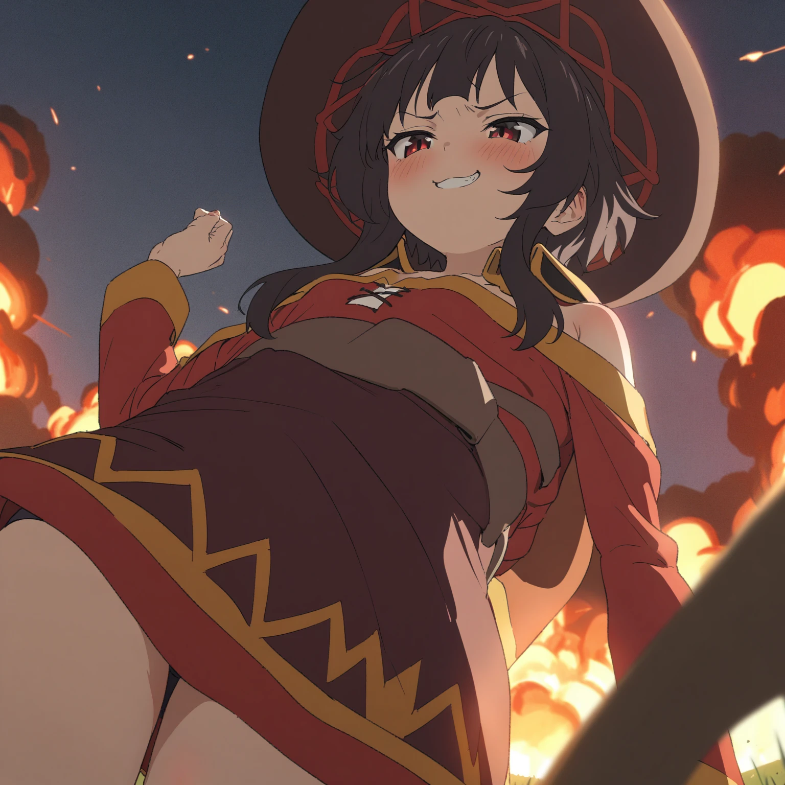 {{Artist: Sincos}} (Masterpiece, best quality:1.2, absurdres) 1 woman, solo, Megumin, smug grin, looking down, explosions in background, from below, in field.
