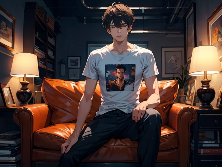 HD Clear,Optimal image,Illustration quality,super detailed,Handsome ager,Wearing a gray T-shirt,Sitting on a black leather sofa、Room with orange light