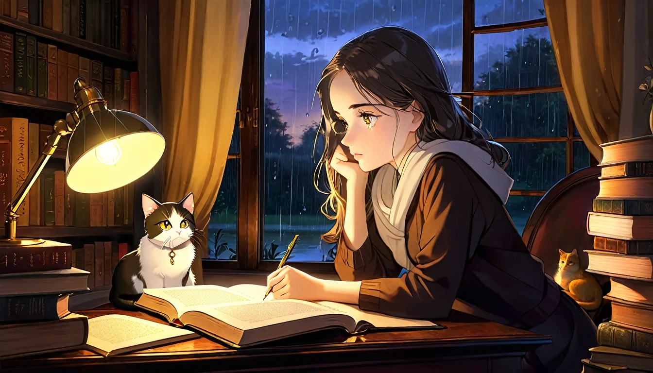 Masterpiece, Best quality, 1girl, Cozy corner, Jumble of books, Profound study, Desk lamp, Yellow glow, Peaceful ambiance, Quiet night, Window, Tranquil countenance, Intensity of concentration, Composed posture, Inquisitive eyes, Subtle tilt, Nimble fingers, Timeworn margins, Sultry aura, Silent focus, Deep in thought, Scholar, Old world wisdom, Intellectual, Thoughtful, Pensive, Well-read, Intellect, Knowledgeable, Wisdom seeker, Glimpse into the mind, Soaking up the knowledge, Absorbing the information.
A girl, enscon,evening,rainy,with cat,