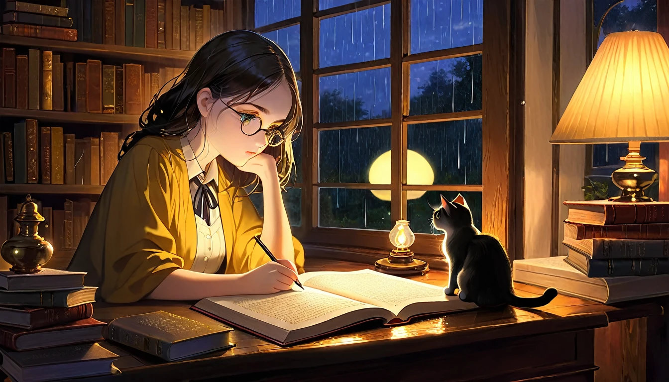 Masterpiece, Best quality, 1girl, Cozy corner, Jumble of books, Profound study, Desk lamp, Yellow glow, Peaceful ambiance, Quiet night, Window, Tranquil countenance, Intensity of concentration, Composed posture, Inquisitive eyes, Subtle tilt, Nimble fingers, Timeworn margins, Sultry aura, Silent focus, Deep in thought, Scholar, Old world wisdom, Intellectual, Thoughtful, Pensive, Well-read, Intellect, Knowledgeable, Wisdom seeker, Glimpse into the mind, Soaking up the knowledge, Absorbing the information.
A girl, enscon,evening,rainy,with cat,