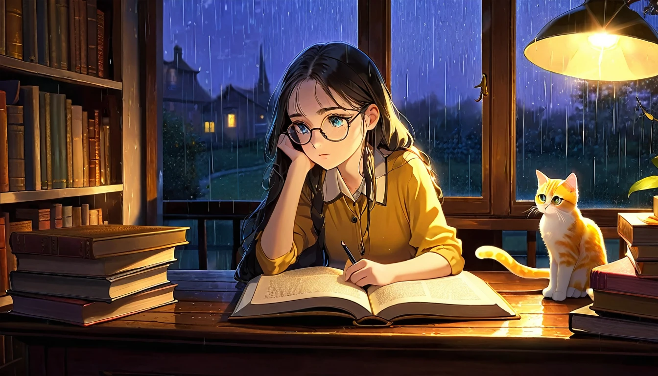 Masterpiece, Best quality, 1girl, Cozy corner, Jumble of books, Profound study, Desk lamp, Yellow glow, Peaceful ambiance, Quiet night, Window, Tranquil countenance, Intensity of concentration, Composed posture, Inquisitive eyes, Subtle tilt, Nimble fingers, Timeworn margins, Sultry aura, Silent focus, Deep in thought, Scholar, Old world wisdom, Intellectual, Thoughtful, Pensive, Well-read, Intellect, Knowledgeable, Wisdom seeker, Glimpse into the mind, Soaking up the knowledge, Absorbing the information.
A girl, enscon,evening,rainy,with cat,