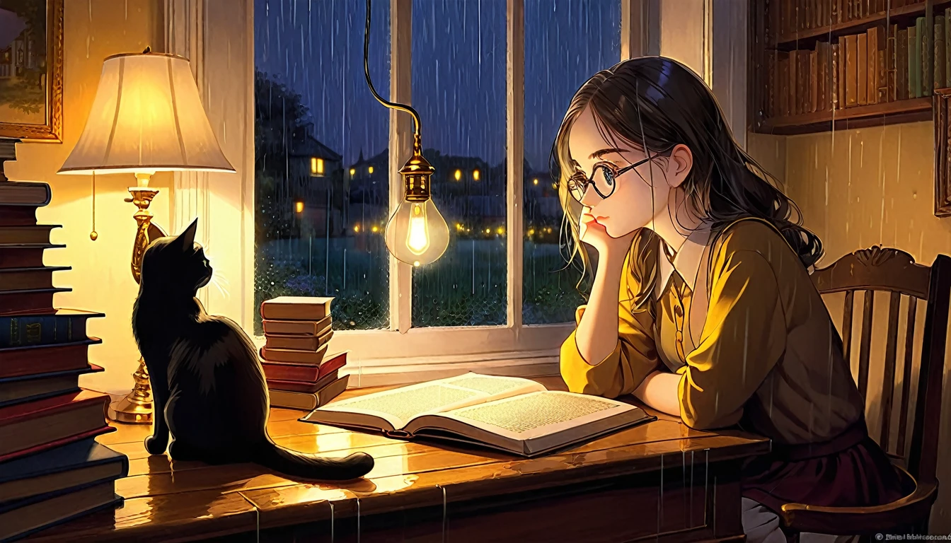 Masterpiece, Best quality, 1girl, Cozy corner, Jumble of books, Profound study, Desk lamp, Yellow glow, Peaceful ambiance, Quiet night, Window, Tranquil countenance, Intensity of concentration, Composed posture, Inquisitive eyes, Subtle tilt, Nimble fingers, Timeworn margins, Sultry aura, Silent focus, Deep in thought, Scholar, Old world wisdom, Intellectual, Thoughtful, Pensive, Well-read, Intellect, Knowledgeable, Wisdom seeker, Glimpse into the mind, Soaking up the knowledge, Absorbing the information.
A girl, enscon,evening,rainy,with cat,