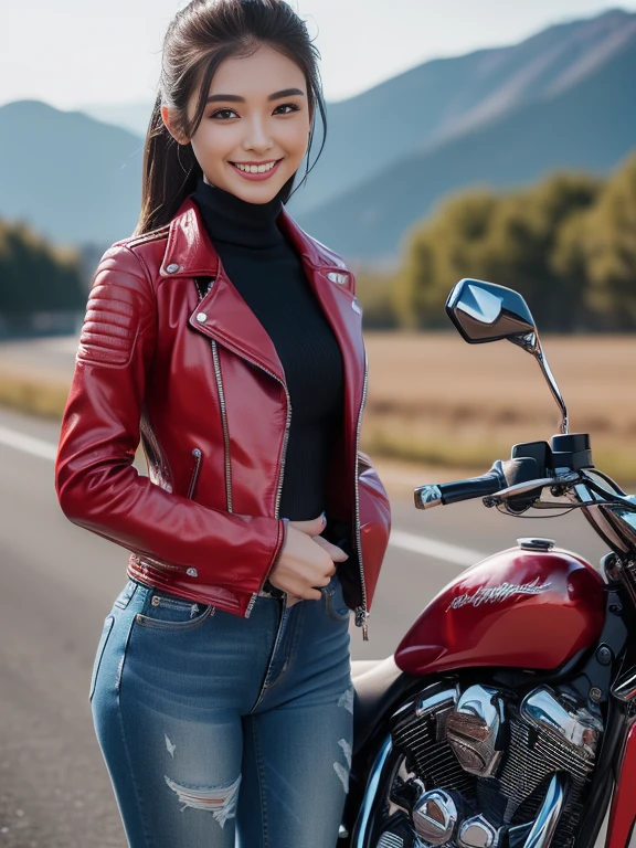 ((highest quality, 8k, masterpiece: 1.3)), sharp: 1.2, Perfect body beauty: 1.4,(((Woman on motorcycle))),Slender body,((Red long sleeve motorcycle jacket and jeans)),Highly detailed face and skin texture,((Full Body Shot)),Natural light,smile, Scenic location