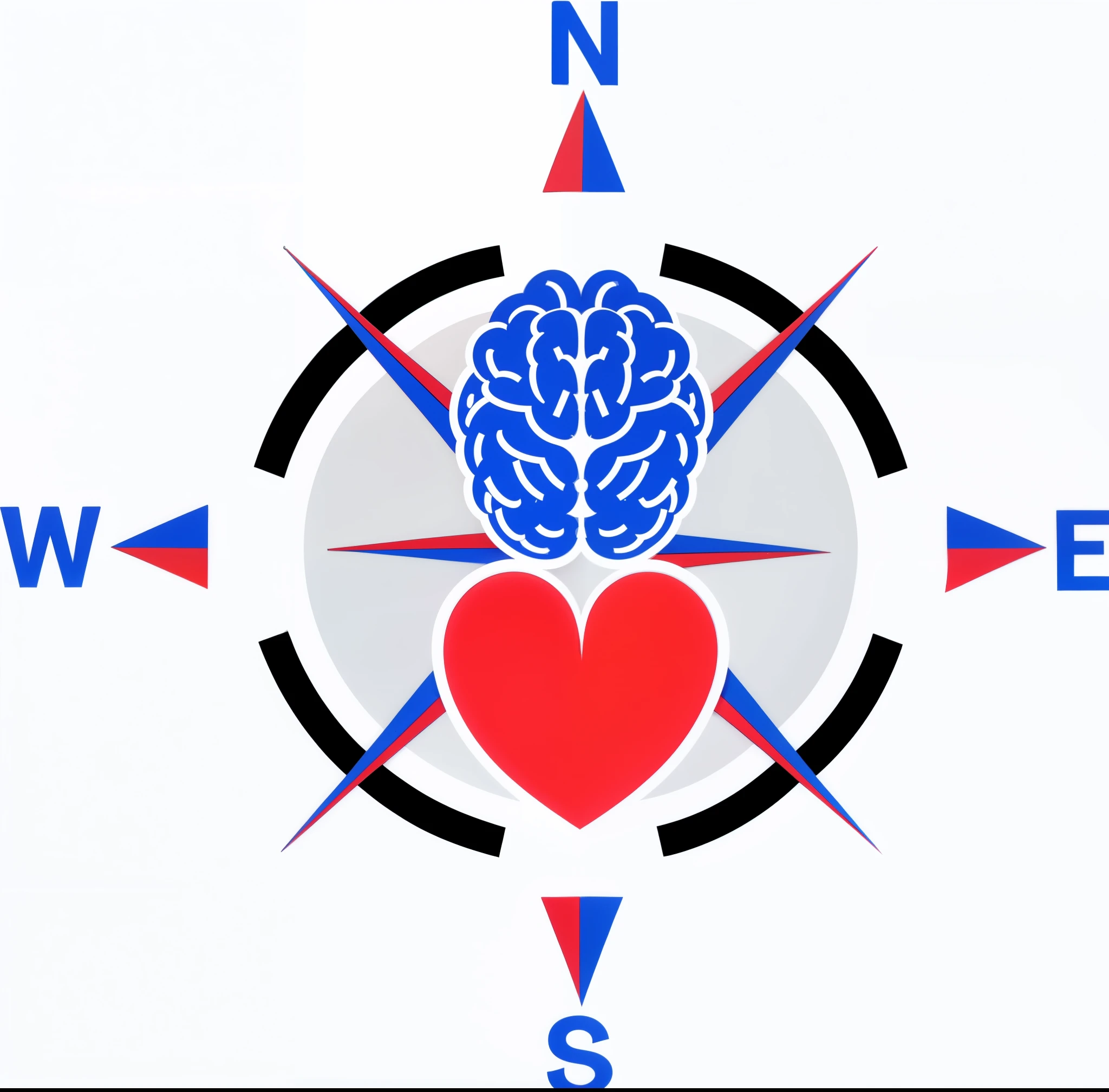 A logo for a company specializing in human resources where the elements are made up of a compass, in the center of this compass there is a drawing of a brain at the top next to the letter N which represents north and below, within the circle, a heart oriented towards the south of the compass the colors used are blue, red and black. a close up of a compass with heart and brain, mechanical heart in center, connected to heart machines, conscience projection, head is Centrado, Centrado in picture, Compass energy flowing, well Centrado, inside the irradiated connection, Neuroscience, complex emotion, video still, easy to understand, mente, Centrado, imagem de perfil, conscience. Logo of a company specializing in human resources where the elements are made up of a compass, in the center of this compass there is a drawing of a blue brain at the top next to the letter N which represents north and below, Inside the circle, a heart oriented towards the south of the compass the colors used are blue, vermelho e preto.