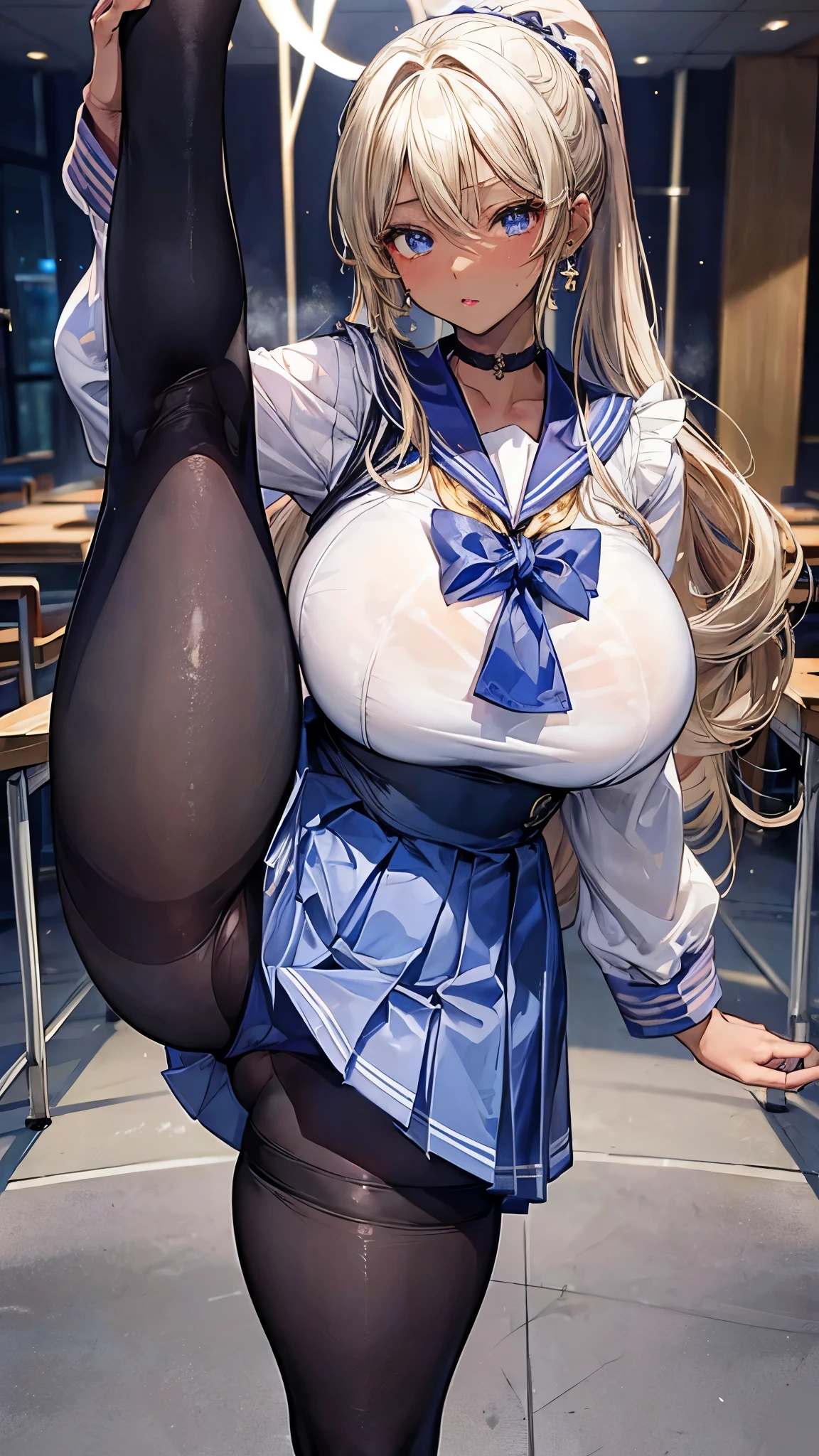 (masterpiece:1.2、highest quality、Tmasterpiece)、1 female、alone、classroom、Day、(Are standing)、whole body、blonde、ponytail、blue eyes、(Sailor suit:1.4)、(Dark Skin:1.4)、Big Breasts、Long sleeve、corset、Earrings、lipstick、(pantyhose:1.2)、Very sweaty、choker、Scrunchie、mini skirt、blush、Covered breasts、Bangs braids、(Thick lips:1.2)、((Standing Split:1.5))、((Lift one leg:1.4))